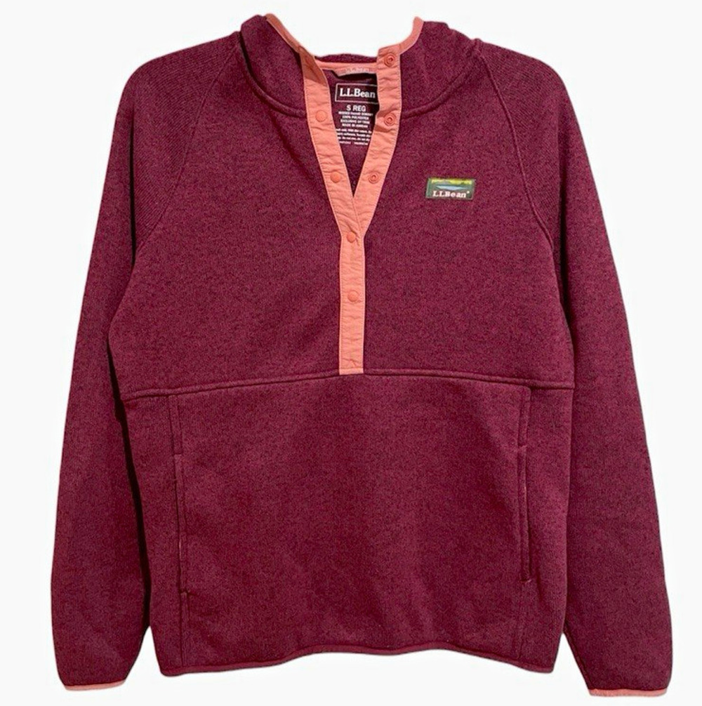 L.L.Bean Womens Fleece T Snap Pullover Hoodie S Burgundy Outdoor Pockets Preppy